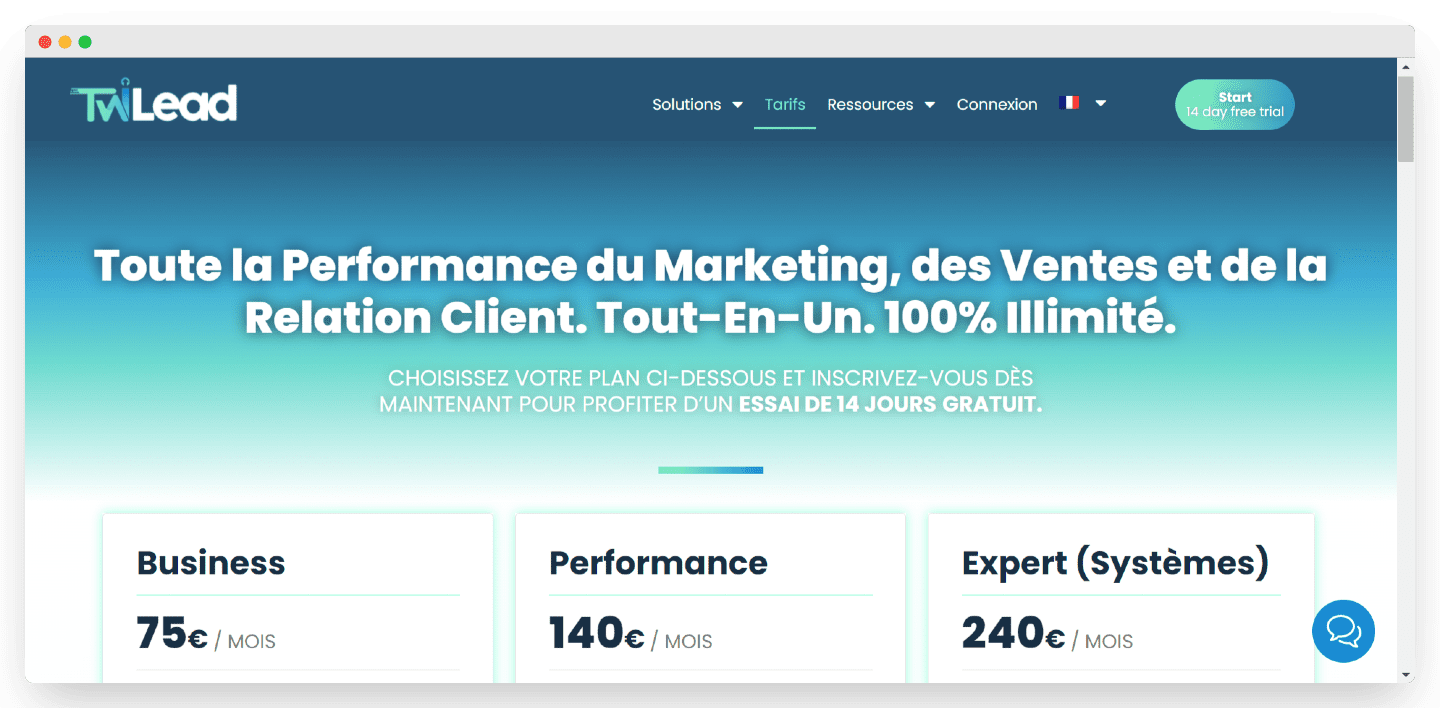 La grille tarifaire de Twilead : Business, Performance et Expert