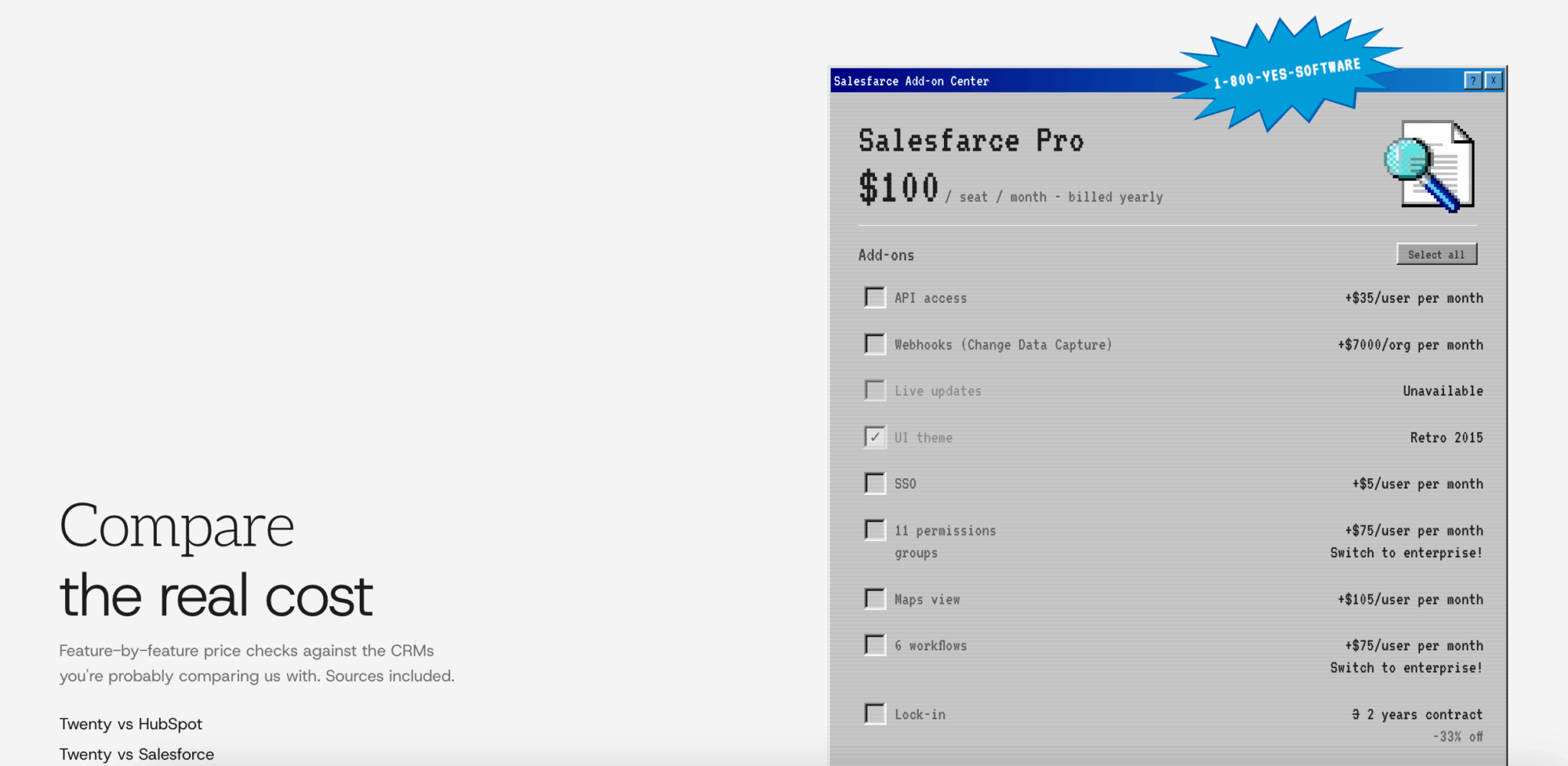 Le faux comparatif « Salesfarce Pro » affiché sur la page tarifs de Twenty