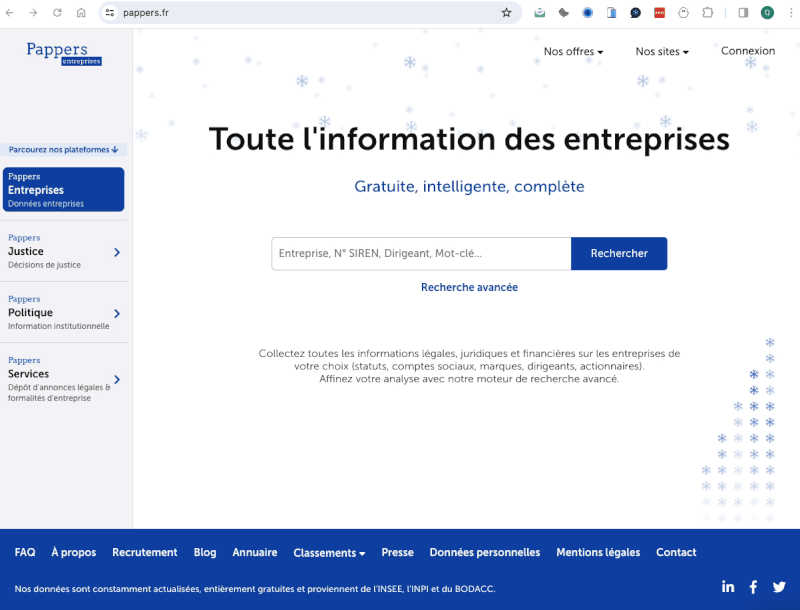 Page d'accueil de Pappers.fr avec barre de recherche d'entreprises et menu des plateformes Entreprises, Justice, Politique, Services