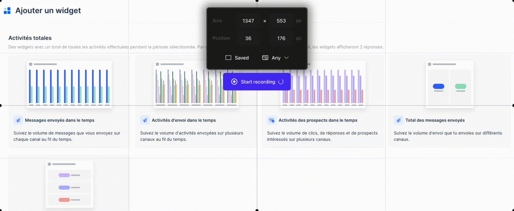 Tela « Adicionar um widget » com widgets de atividades totais e uma ferramenta de gravação de tela aberta