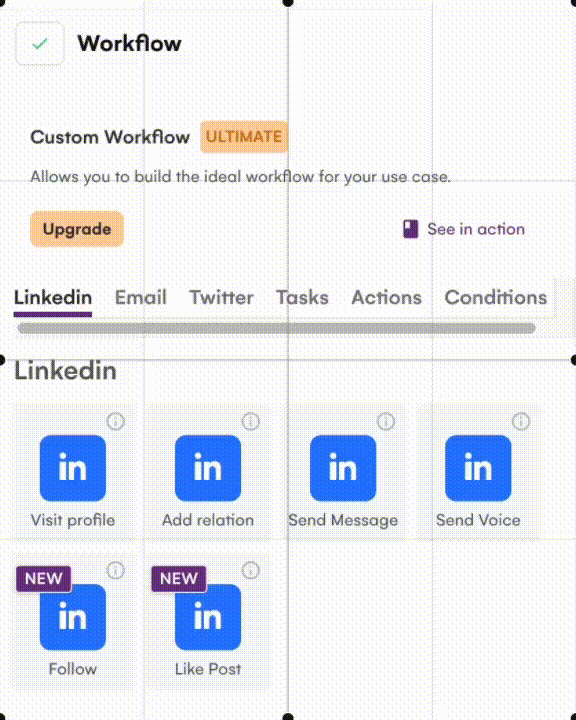 Un workflow multicanal dans La Growth Machine, avec ses étapes LinkedIn, email et téléphone