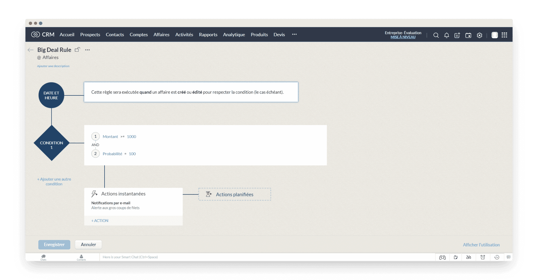 L'éditeur de règles de workflow dans Zoho CRM