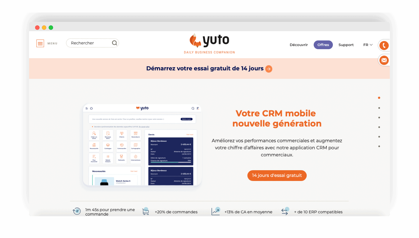Interface do Yuto, CRM móvel francês pensado para os vendedores de campo