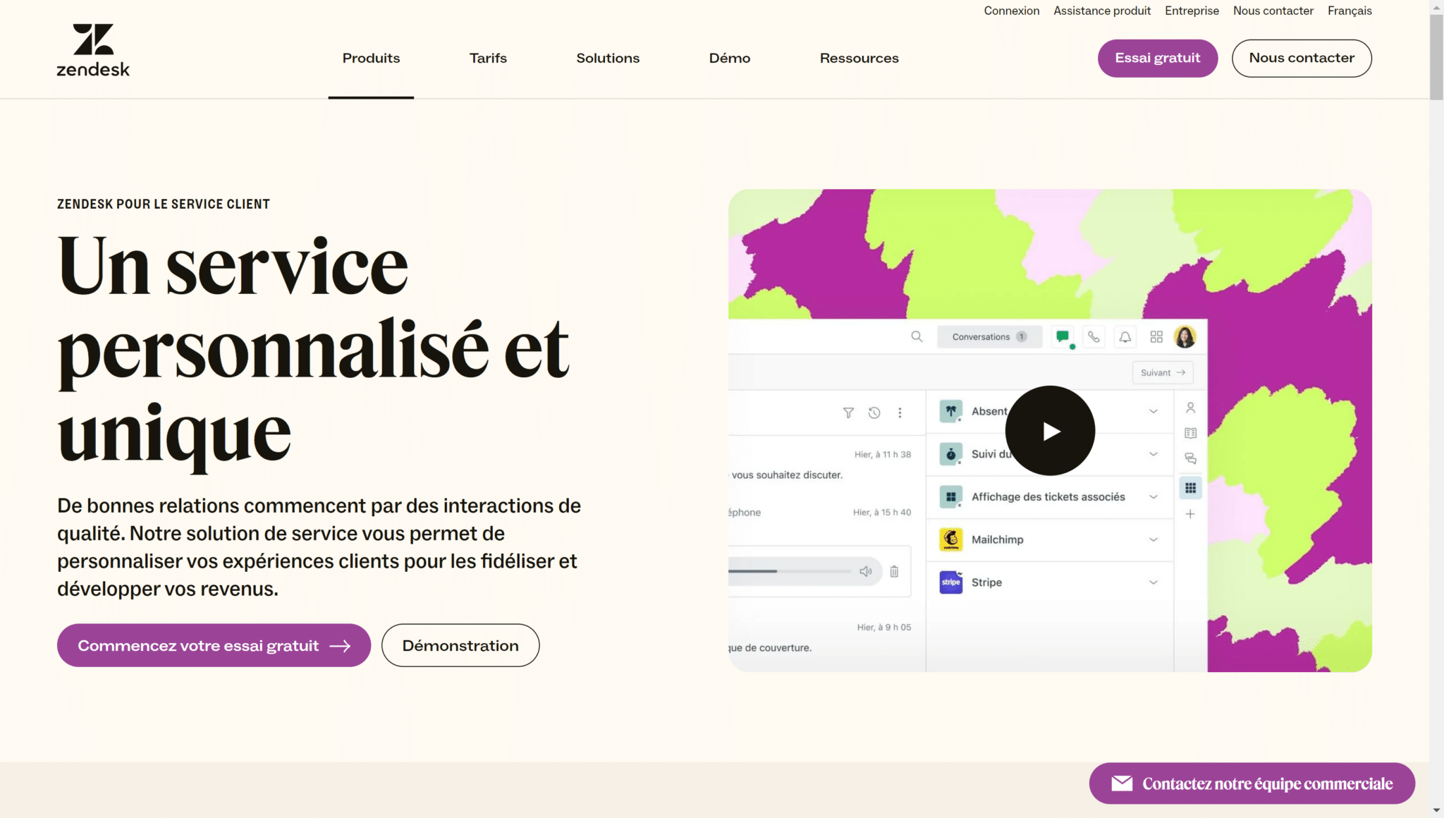 Page d'accueil Zendesk pour le service client avec vidéo d'un espace agent listant applications Mailchimp et Stripe