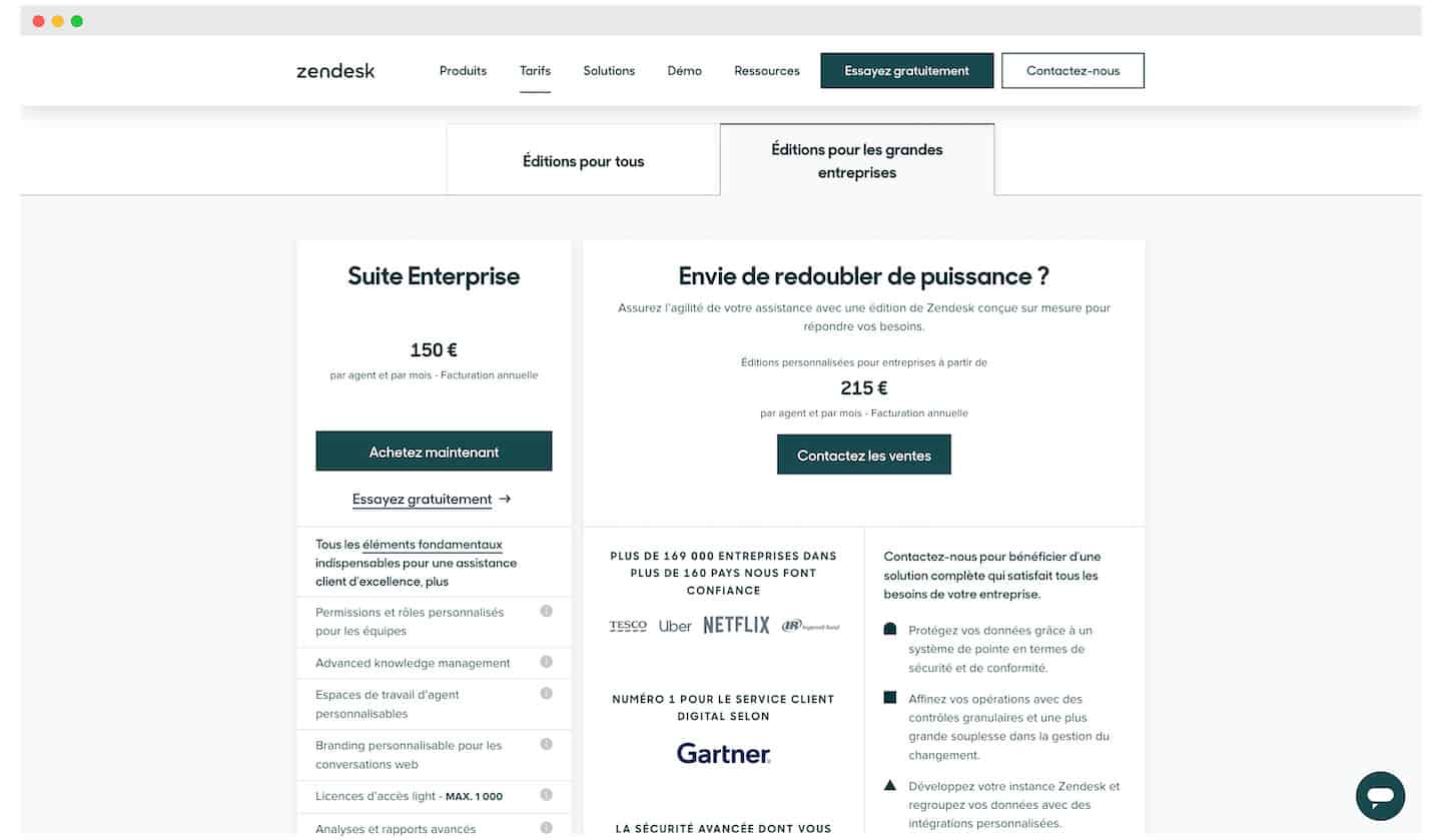 Página de preços do Zendesk, aba grandes empresas: Suite Enterprise a 150 € e edição personalizada a 215 €