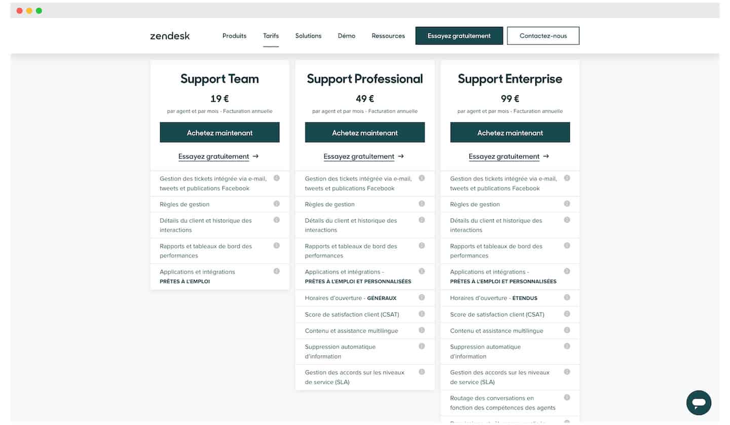Página de preços do Zendesk: três planos, Support Team 19 €, Professional 49 €, Enterprise 99 € por agente por mês