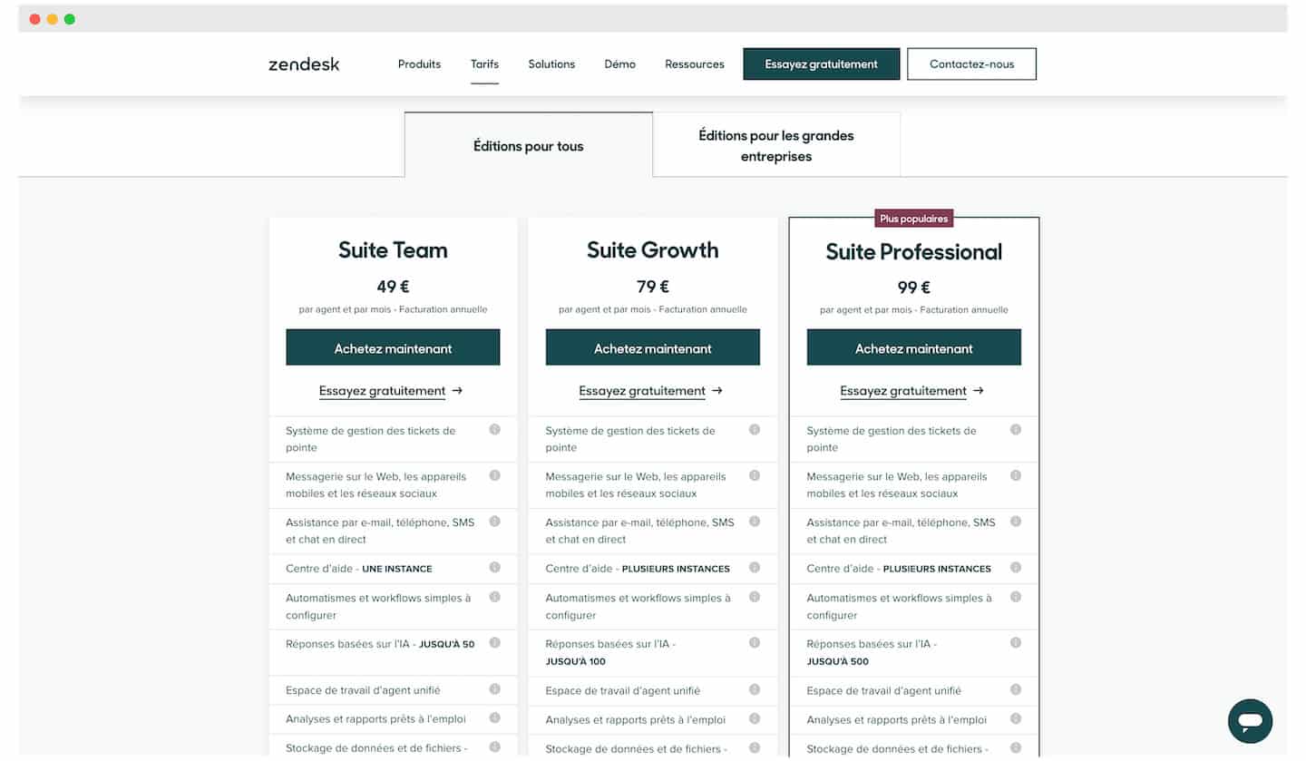 Página de preços do Zendesk: Suite Team 49 €, Suite Growth 79 €, Suite Professional 99 € por agente por mês