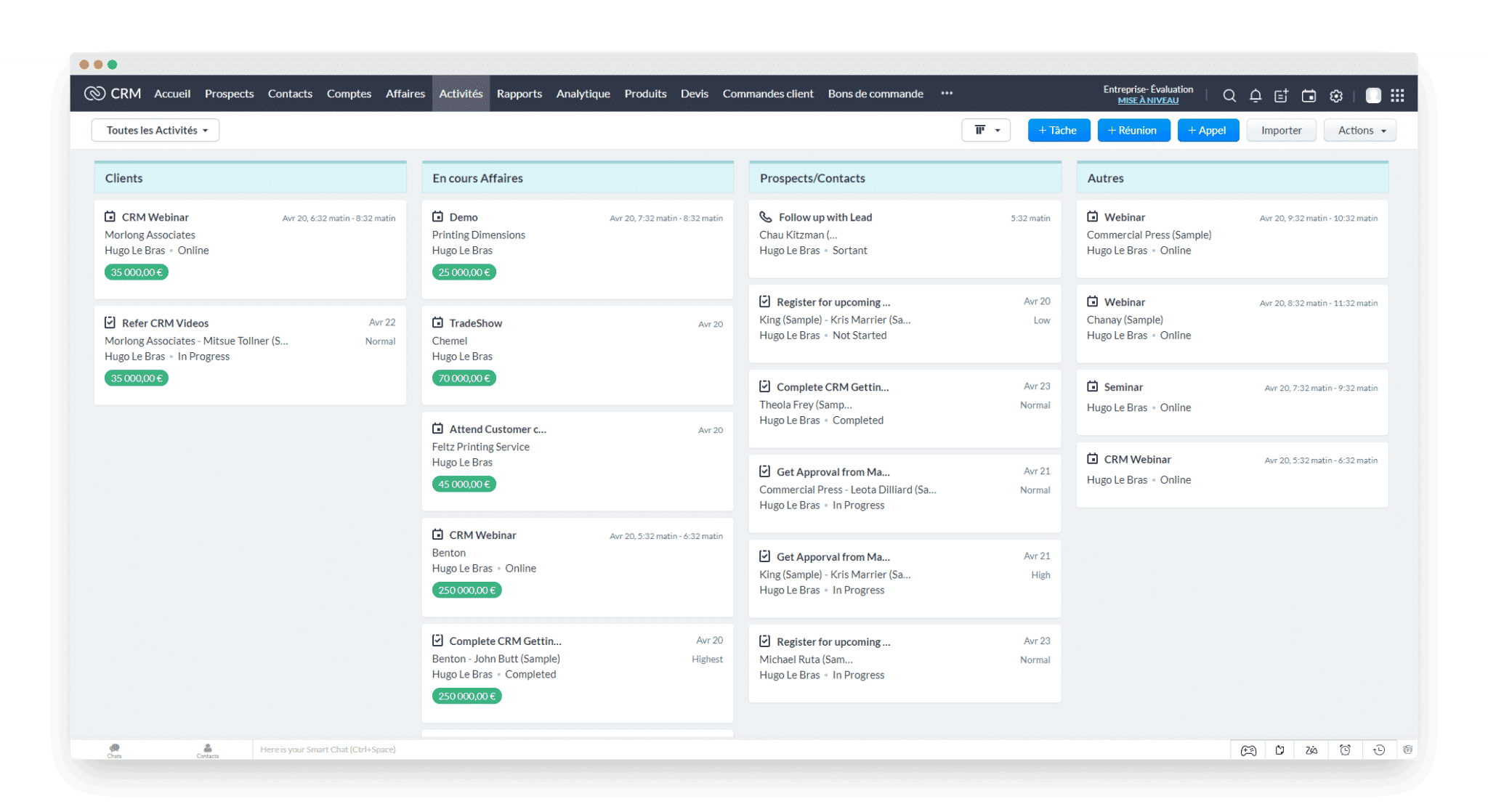 La vue Activités de Zoho CRM avec les tâches à venir