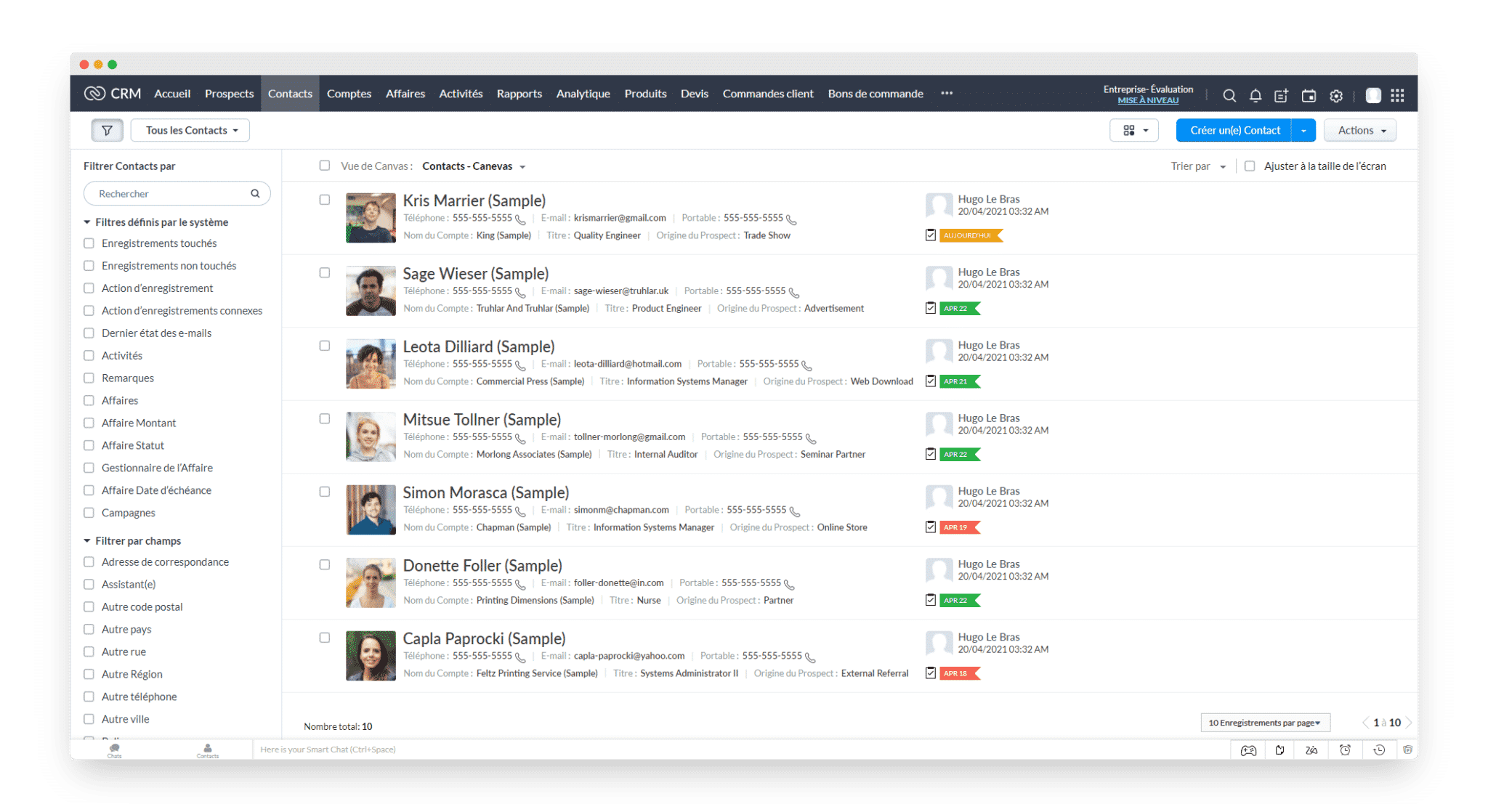 La vue chronologique des contacts dans Zoho CRM