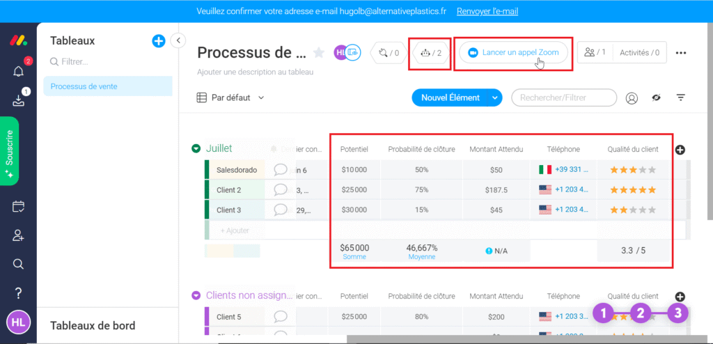 Quadro monday.com "Processo de venda" com potencial, probabilidade de fechamento, valor esperado e qualidade do cliente