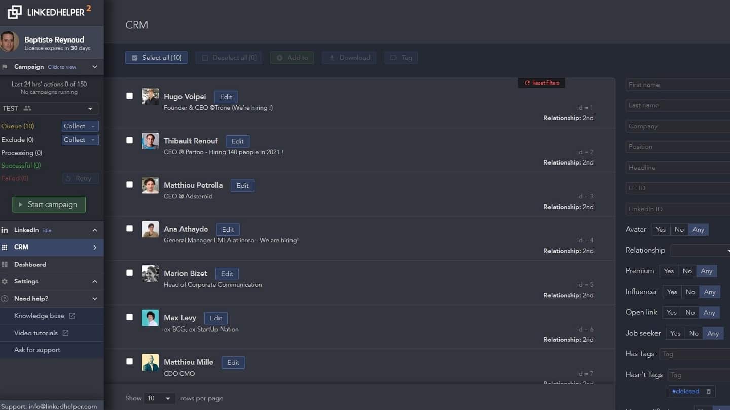 Le CRM intégré de LinkedHelper