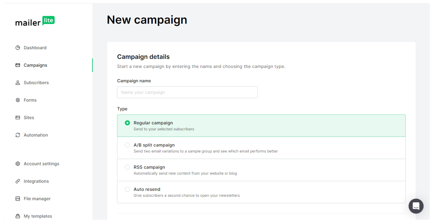 Écran de configuration d'une campagne dans MailerLite