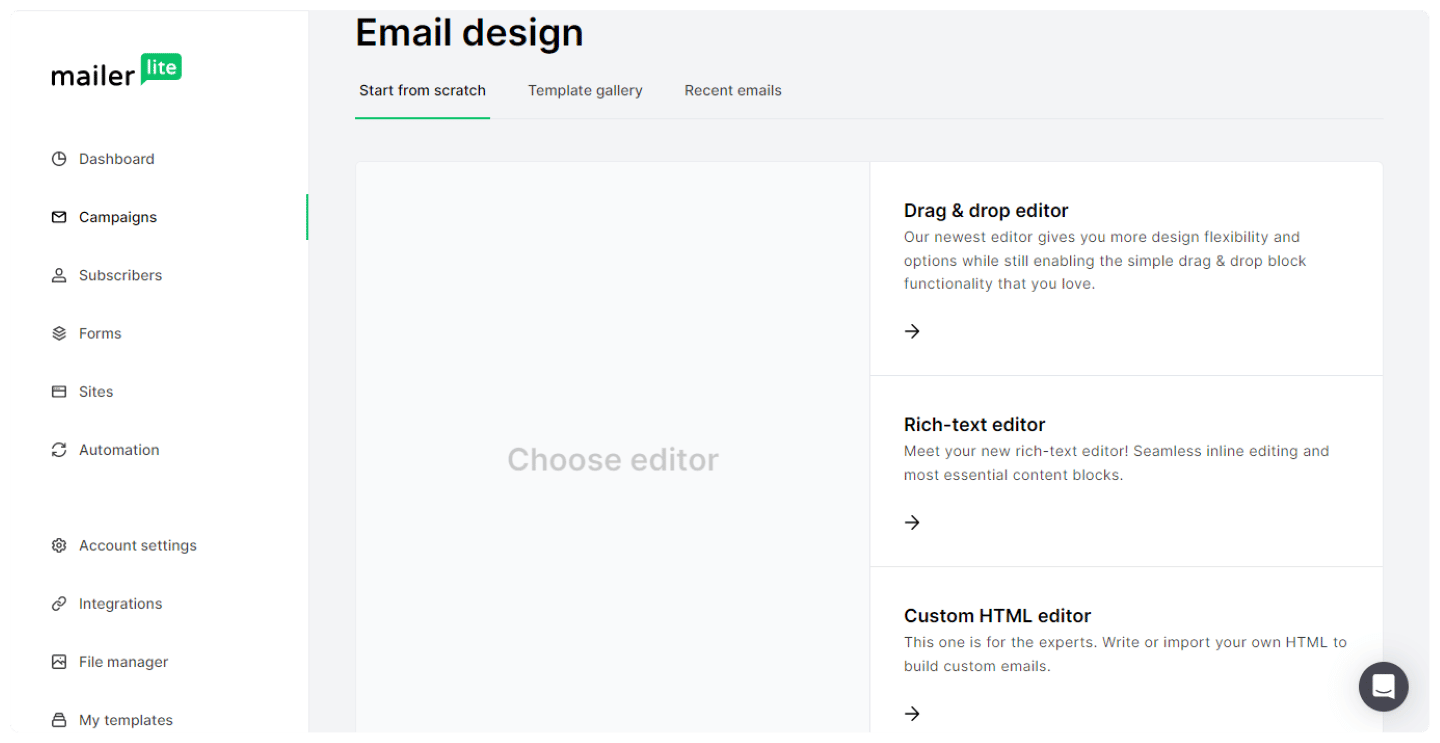 Éditeur d'emails en drag and drop de MailerLite, avec les blocs disponibles