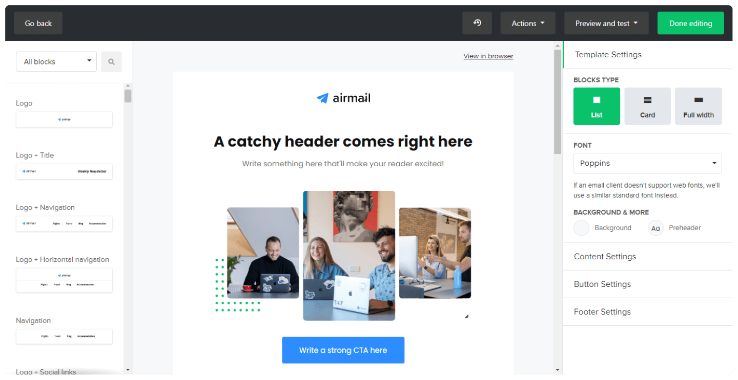 Modules de contenu dynamique proposés par l'éditeur d'emails de MailerLite