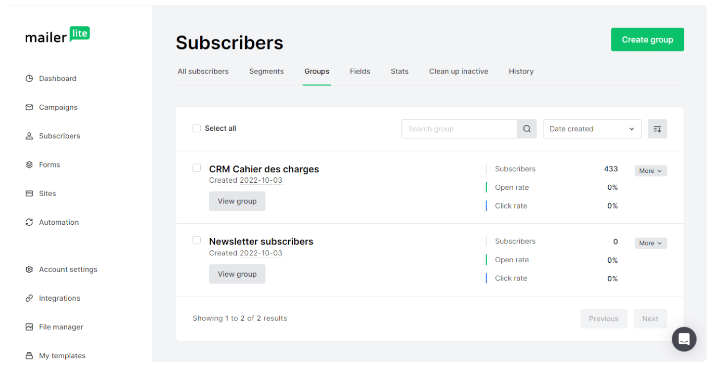 Création d'un groupe d'abonnés dans MailerLite