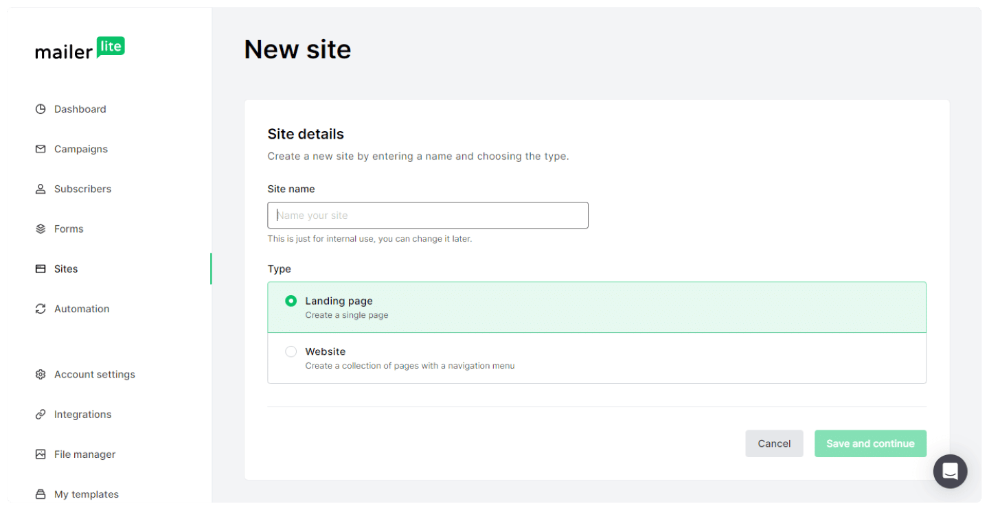 Constructeur de site web de MailerLite, avec ses blocs de page