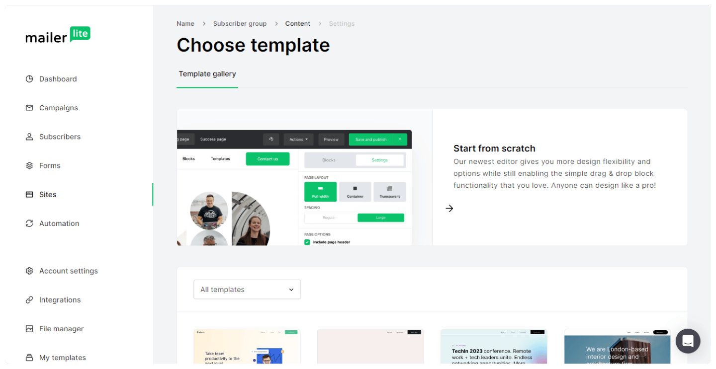 Templates de landing pages proposés par MailerLite