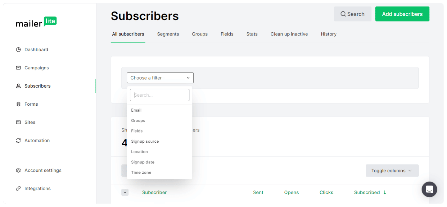 Filtres de recherche d'abonnés dans MailerLite