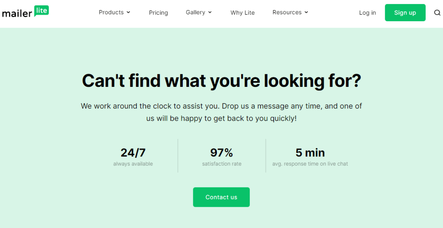 Indicateurs de satisfaction du support client affichés par MailerLite