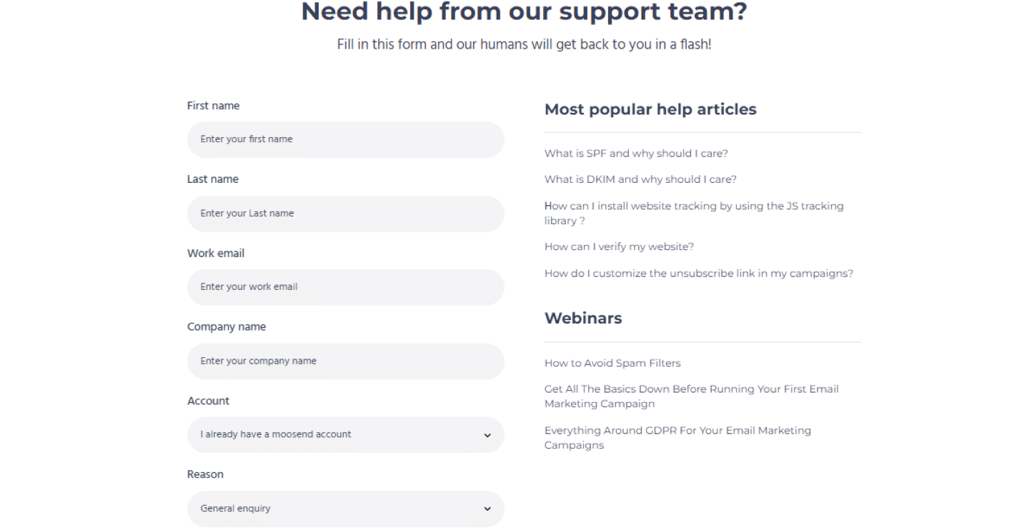 Formulaire de contact du support client de Moosend