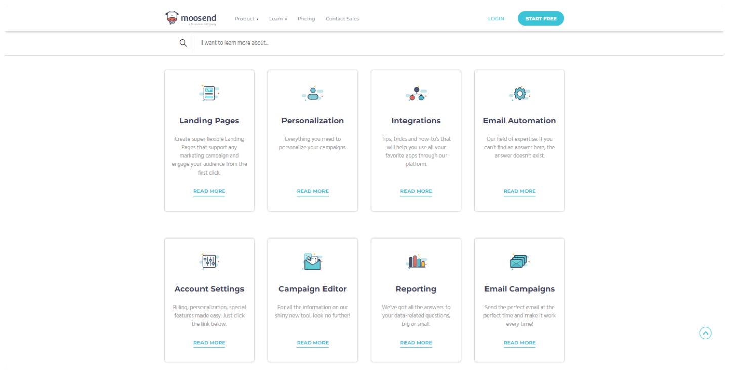 Base de connaissances du support de Moosend, avec ses catégories d'articles