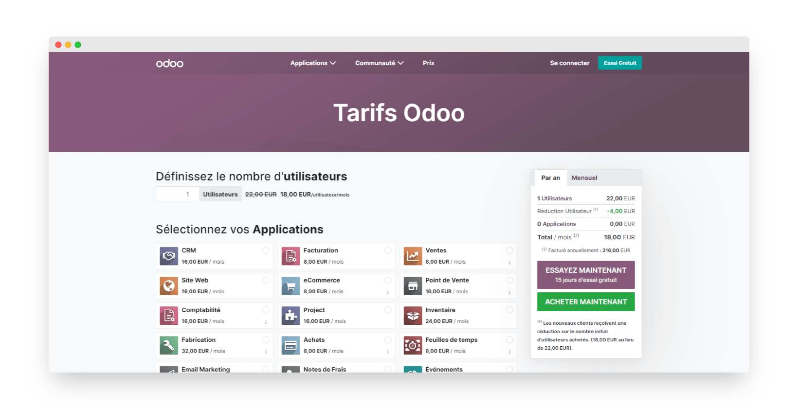 odoo tarifs