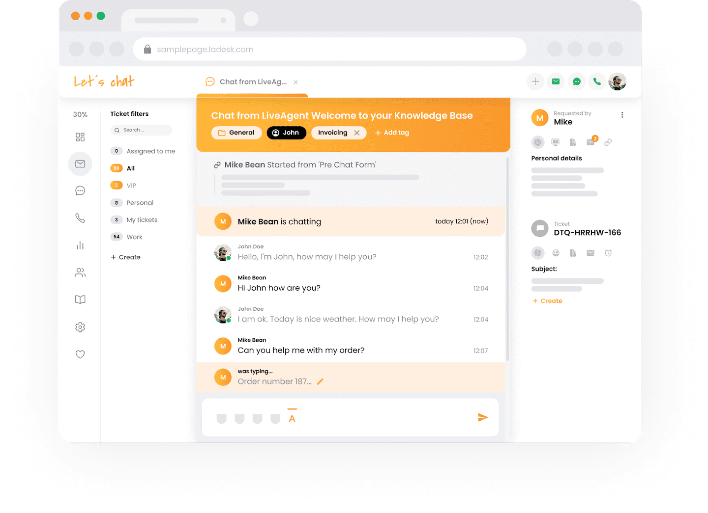 Vue de l'équipe support dans LiveAgent