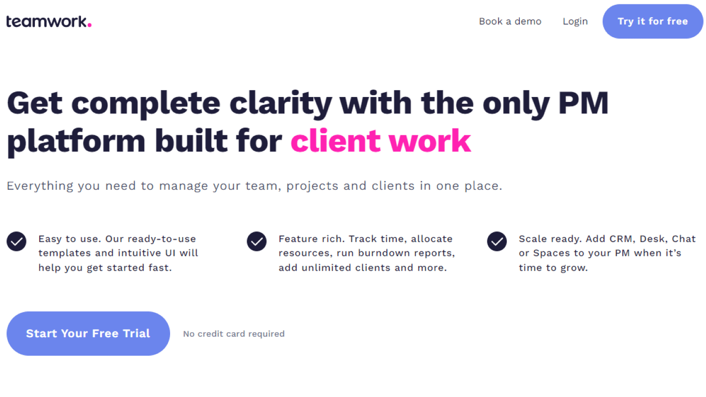 La page d'accueil de Teamwork