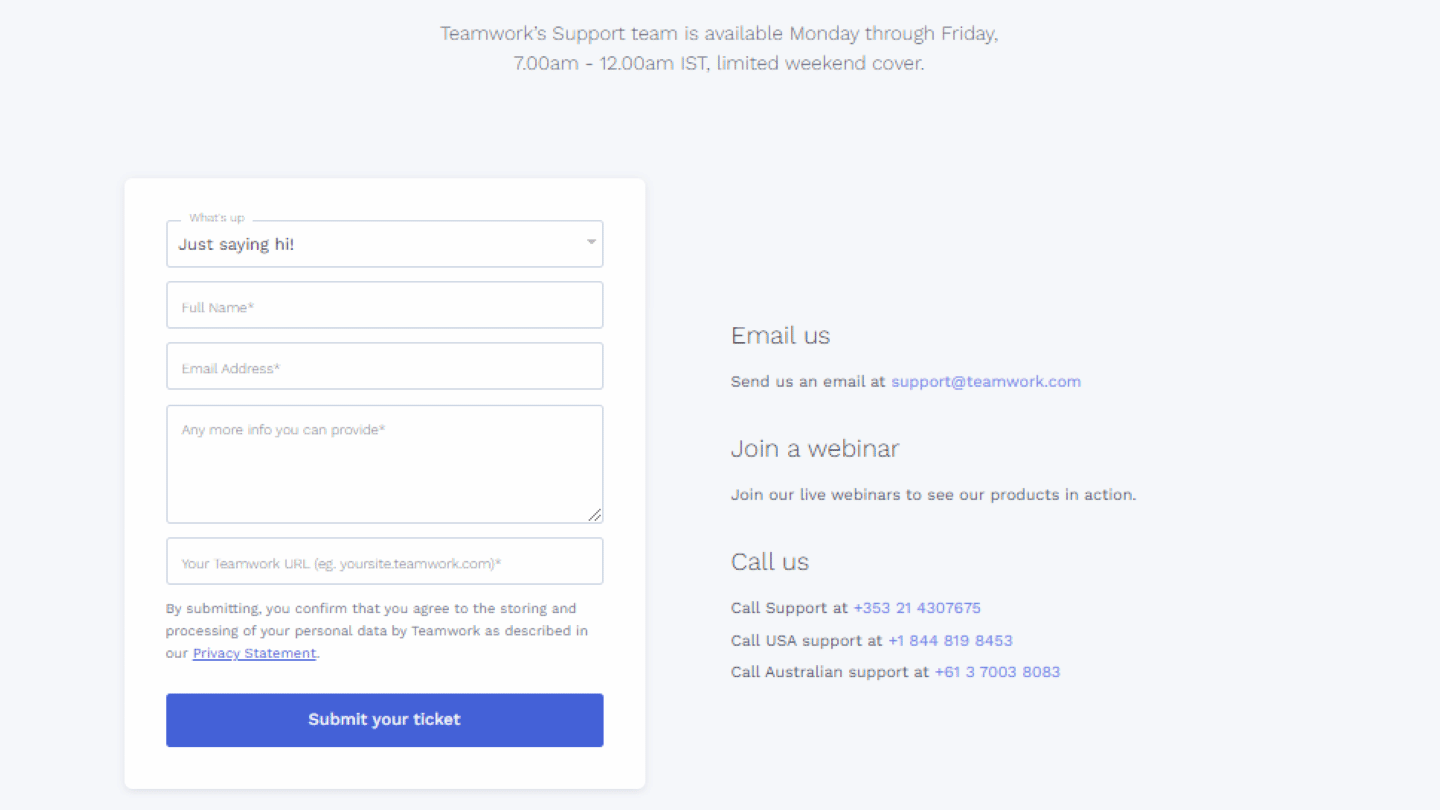Les options de contact du support Teamwork
