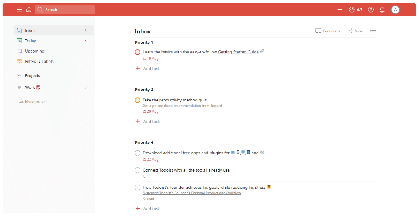 La boîte de réception des tâches Todoist