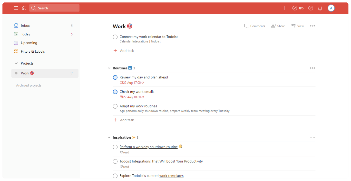 La liste des projets dans Todoist