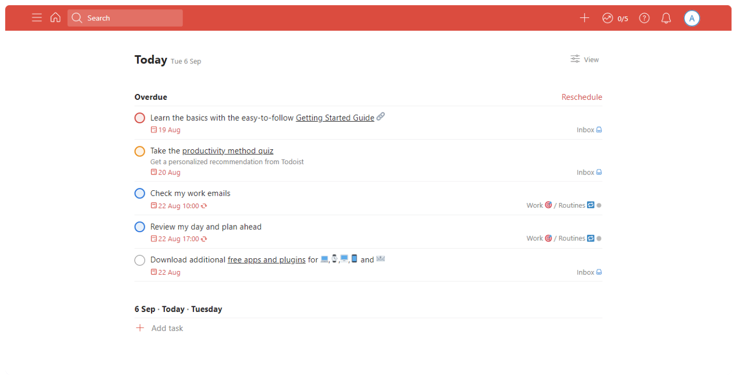 La vue des tâches à venir dans Todoist