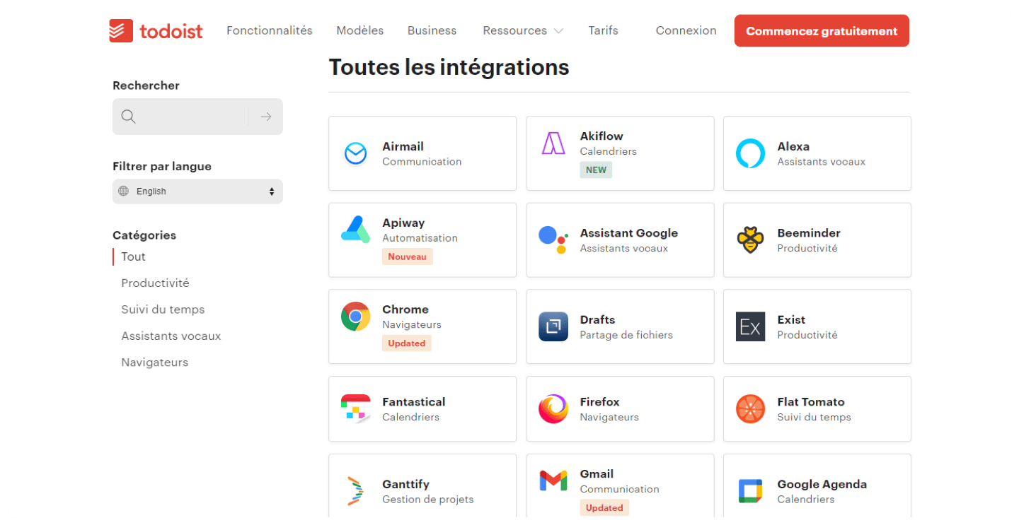 La marketplace d'intégrations de Todoist