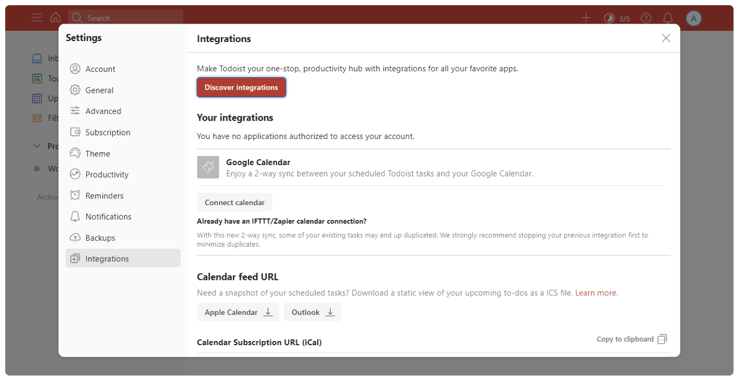 Le détail des intégrations Todoist