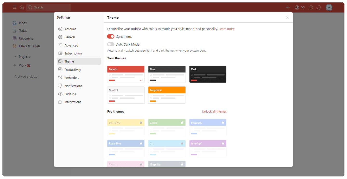 Le mode sombre de Todoist