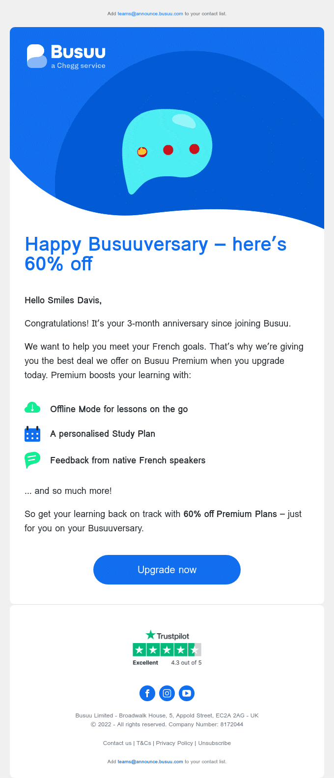 Email de Busuu qui fête les trois mois d’un utilisateur avec 60 % de réduction sur l’offre Premium