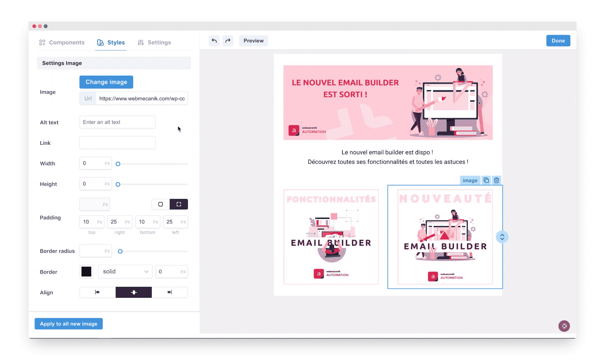 Webmecanik's drag-and-drop email editor