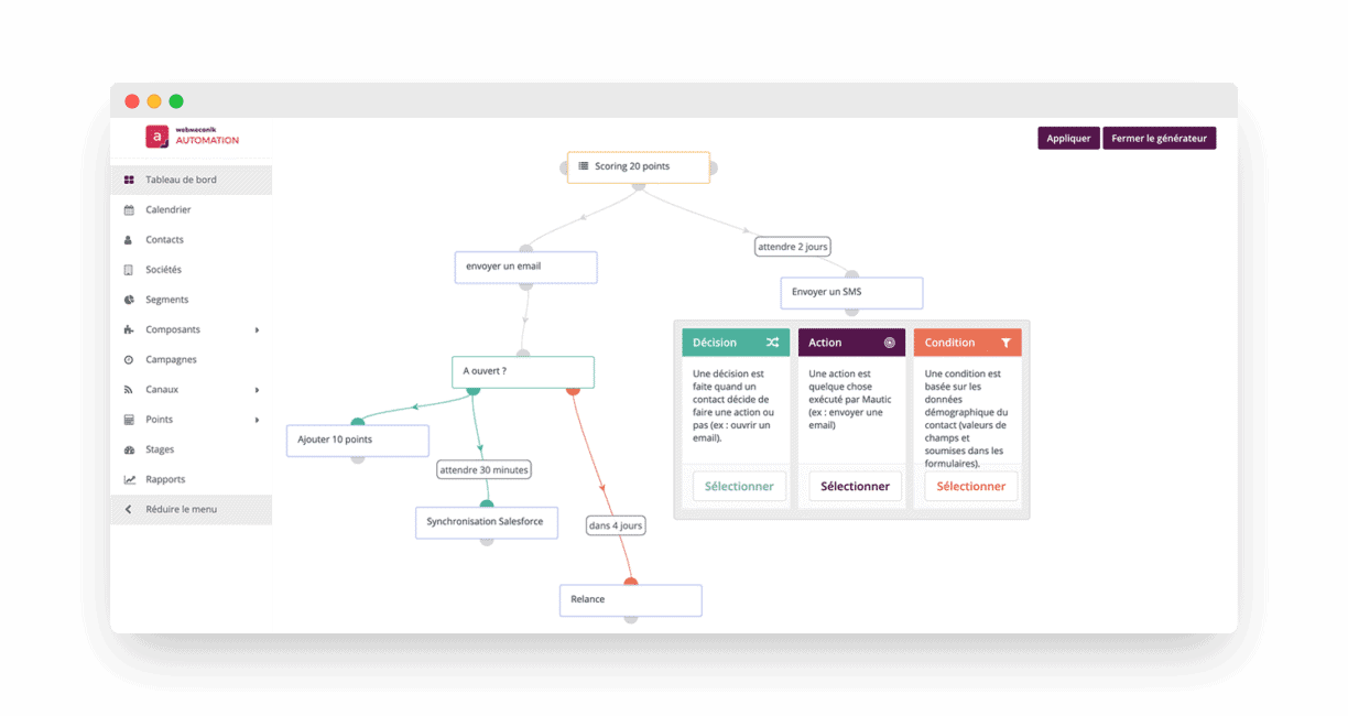 Webmecanik's scenario editor, with its decision, action and condition blocks