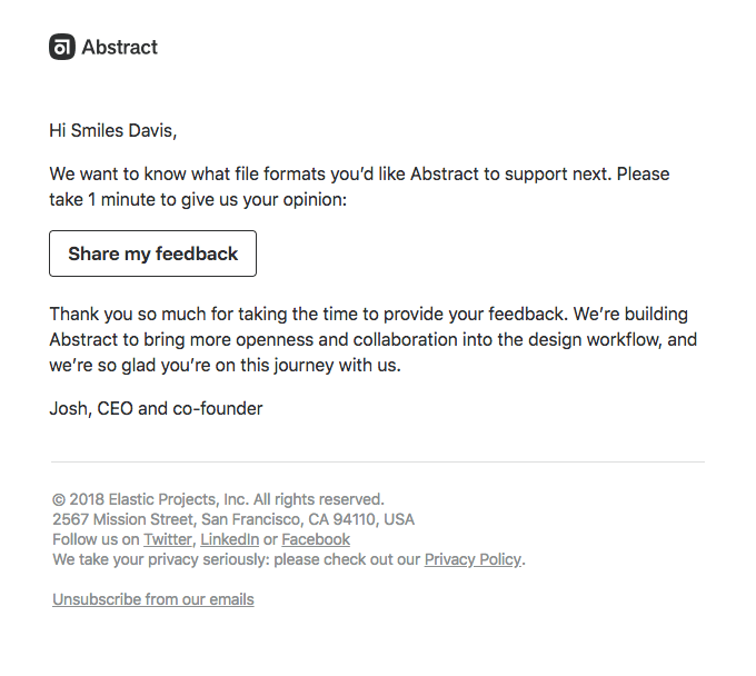 Email d’Abstract qui demande en une minute l’avis de l’utilisateur sur les prochains formats de fichiers à prendre en charge