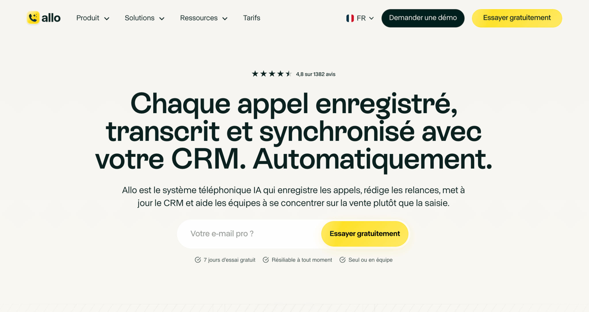 La page d'accueil d'Allo, solution de téléphonie IA pour les petites équipes