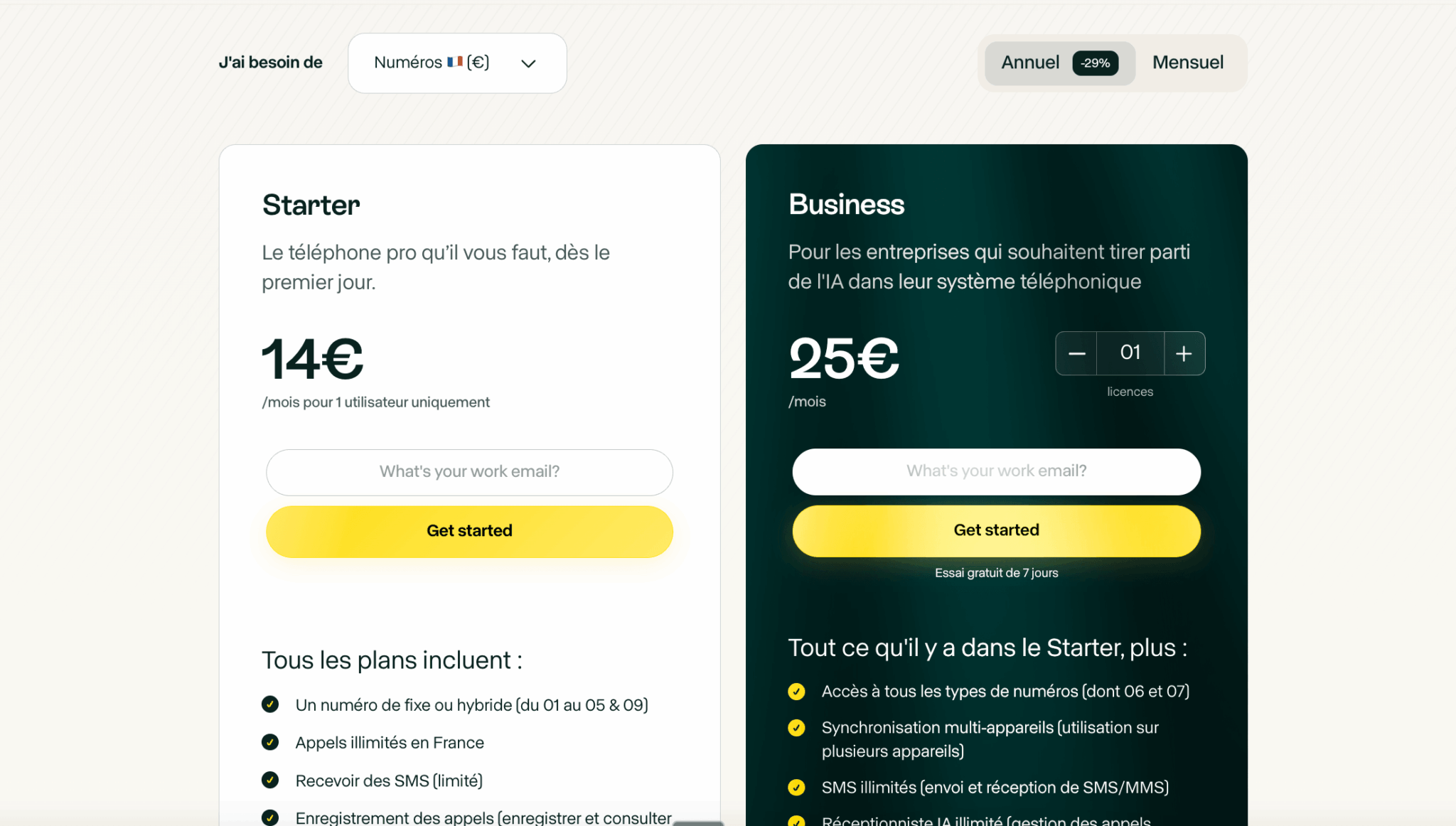 La grille tarifaire d'Allo : plans Starter et Business