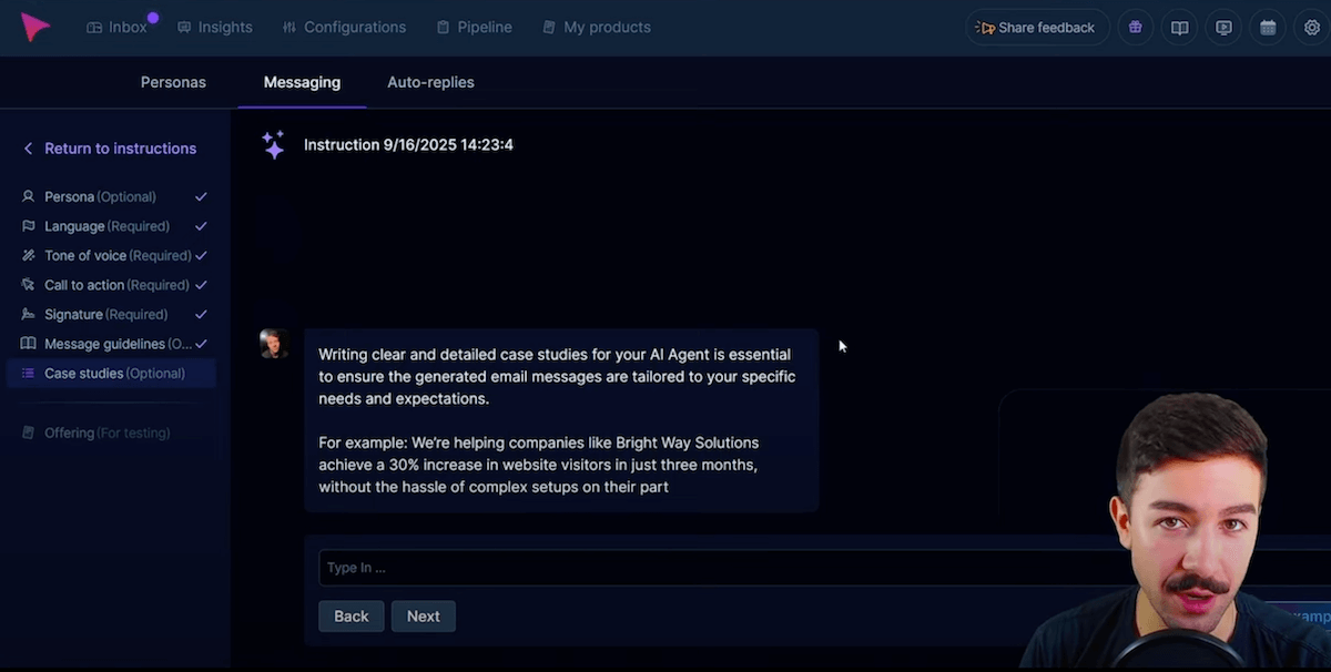 Les instructions de rédaction des messages dans Anybiz.io