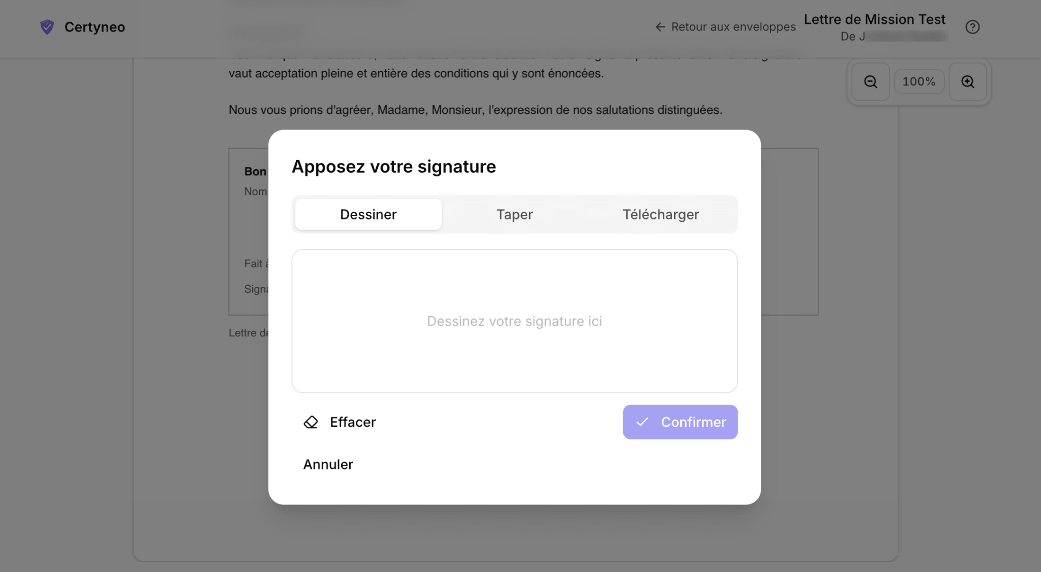 Écran d'apposition de signature dans Certyneo