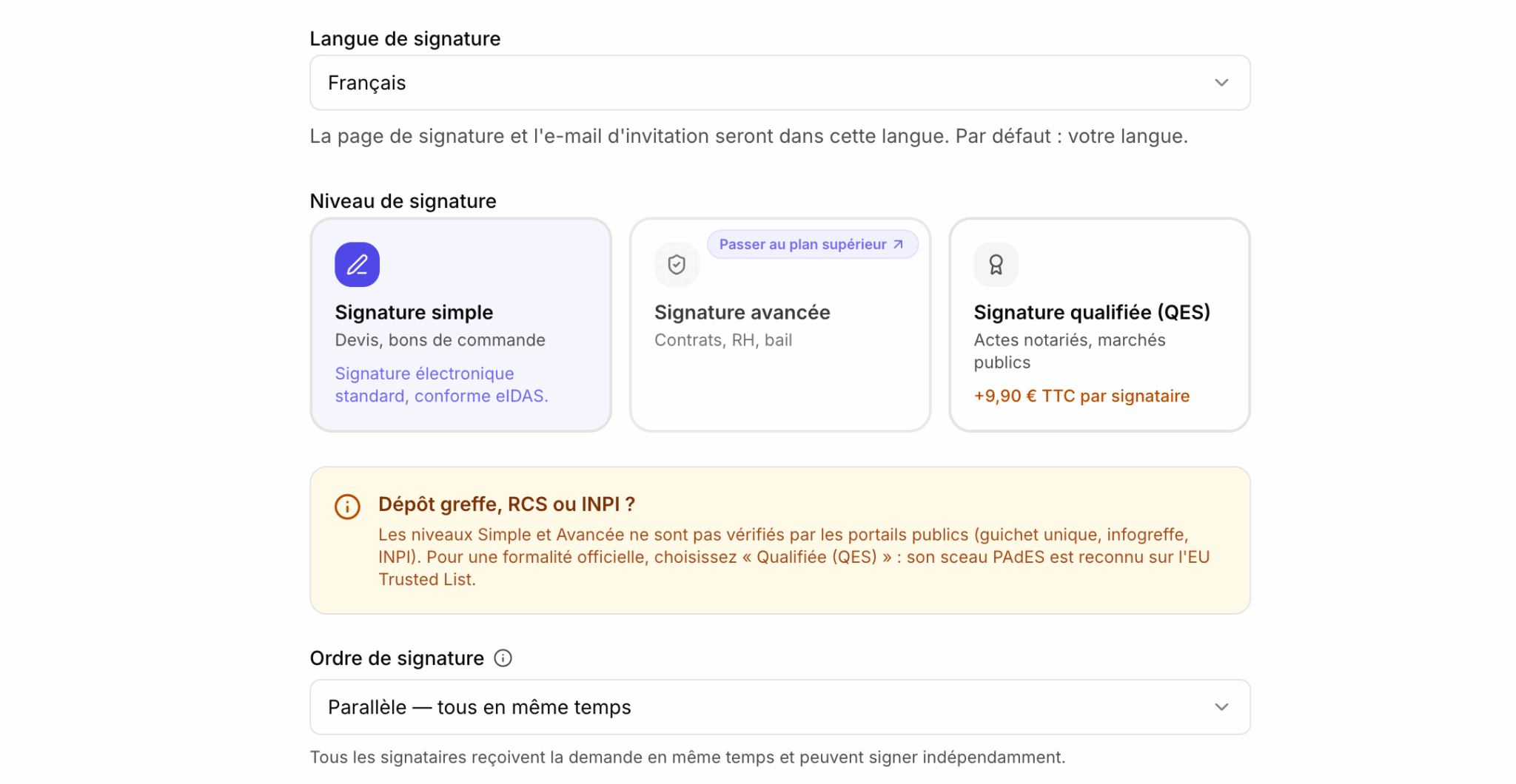 Choix du niveau de signature eIDAS dans Certyneo
