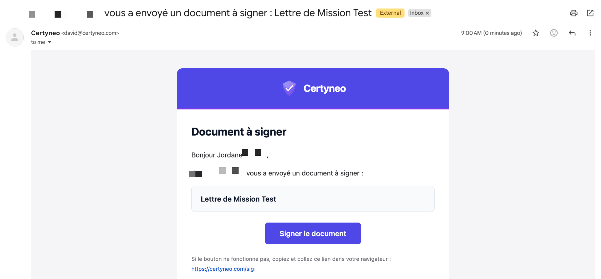 Email d'invitation à signer envoyé par Certyneo