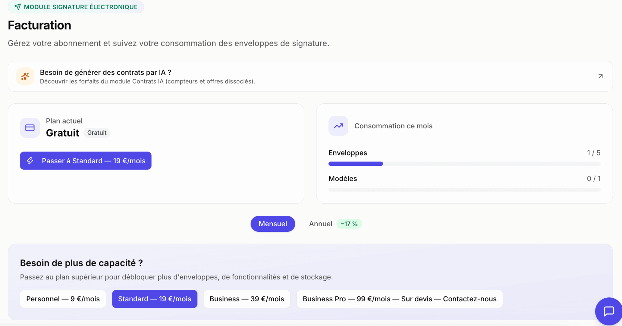 Page de facturation et plans de Certyneo