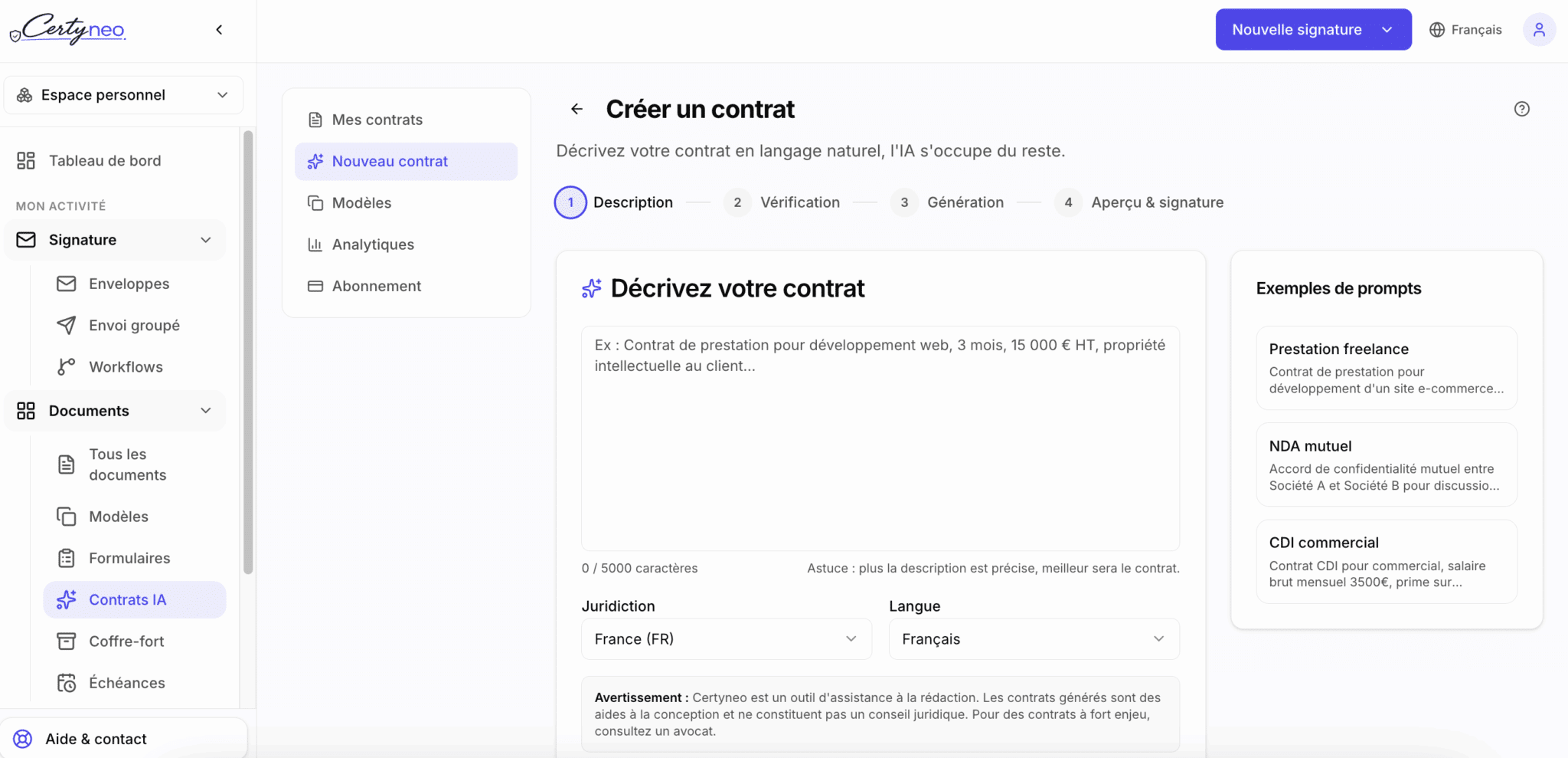 Générateur de contrats par IA de Certyneo
