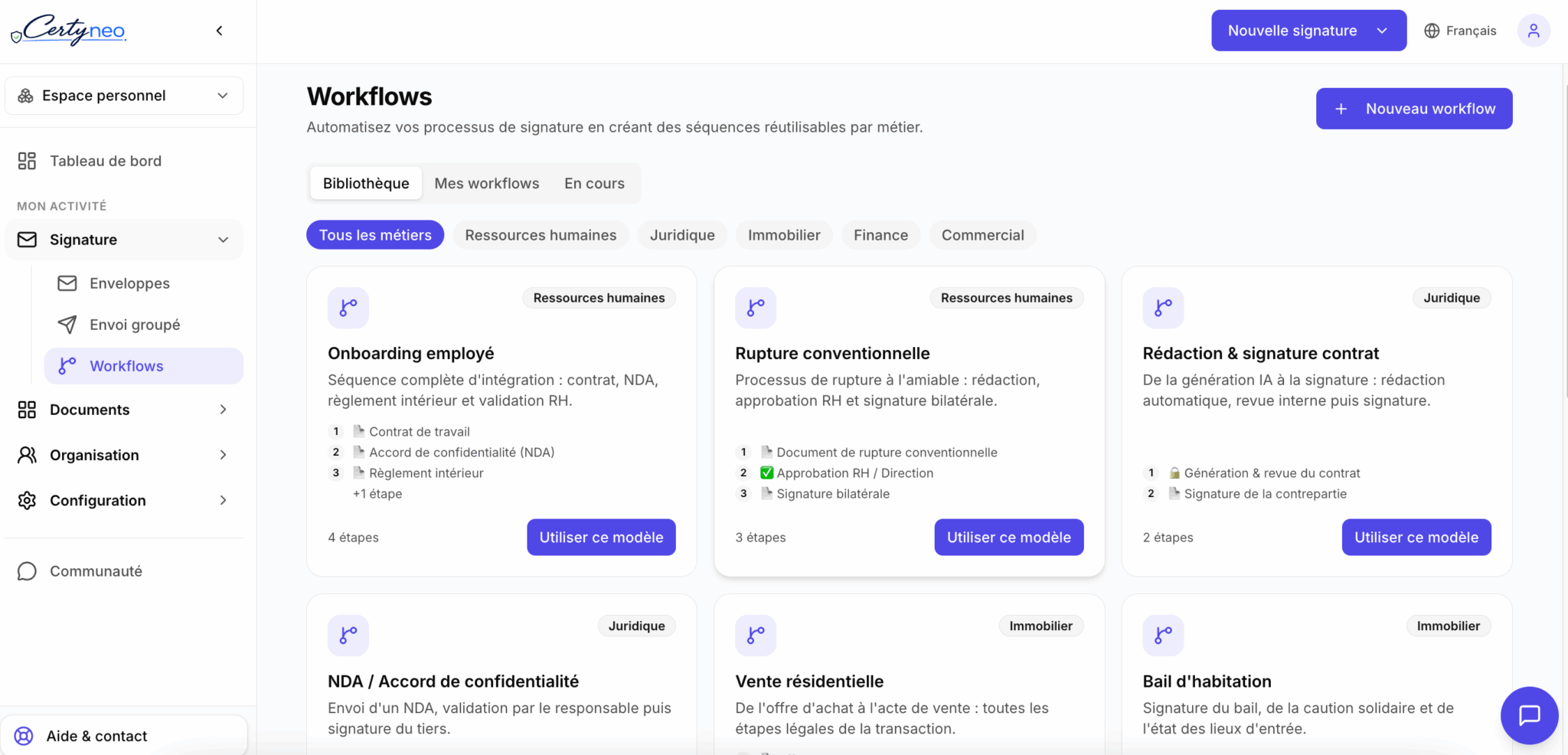 Bibliothèque de workflows métier de Certyneo