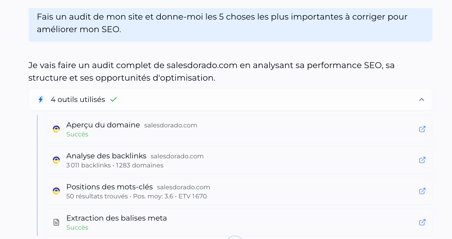 Un rapport d'audit détaillé généré par ChatSEO