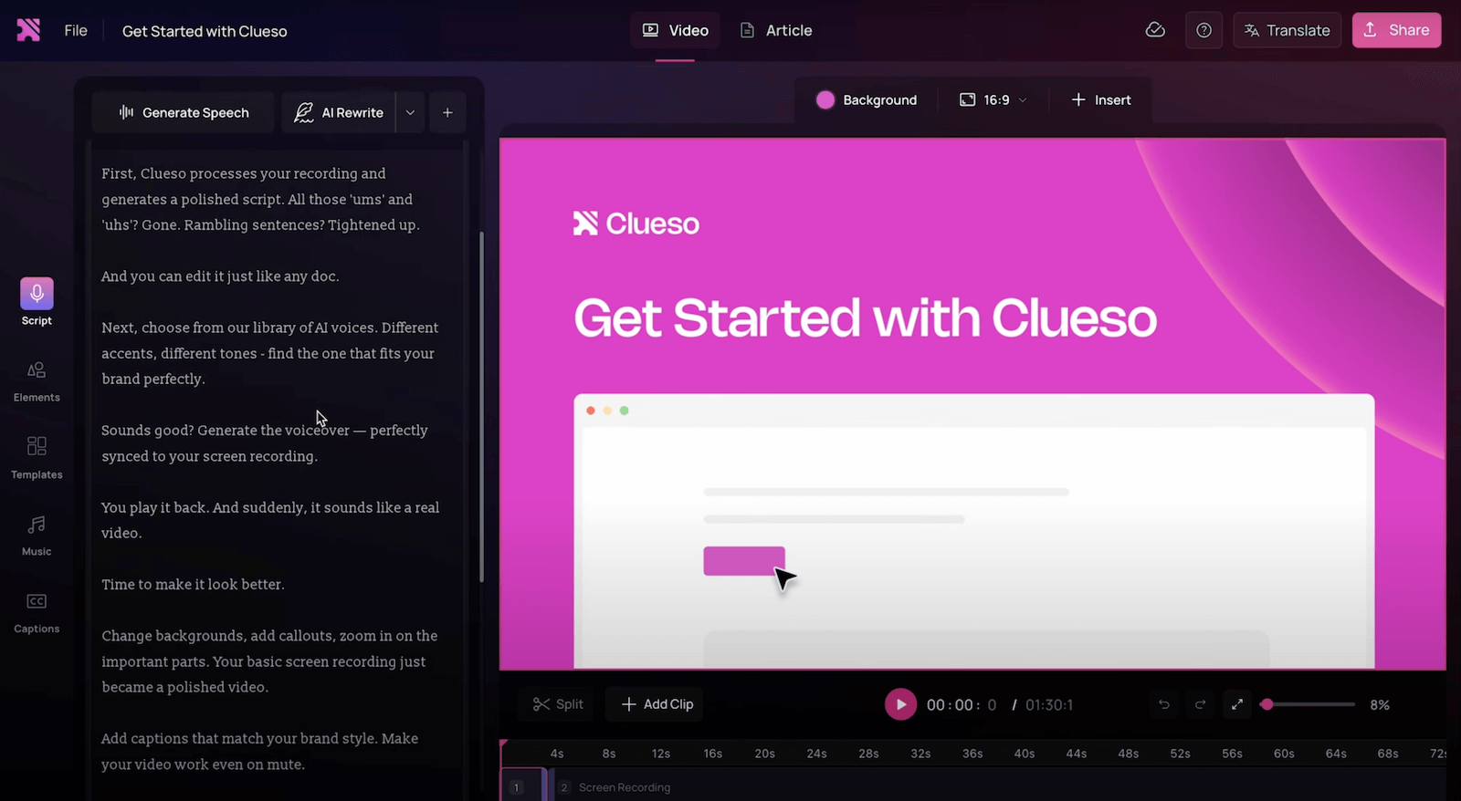 L'interface d'édition de Clueso.io